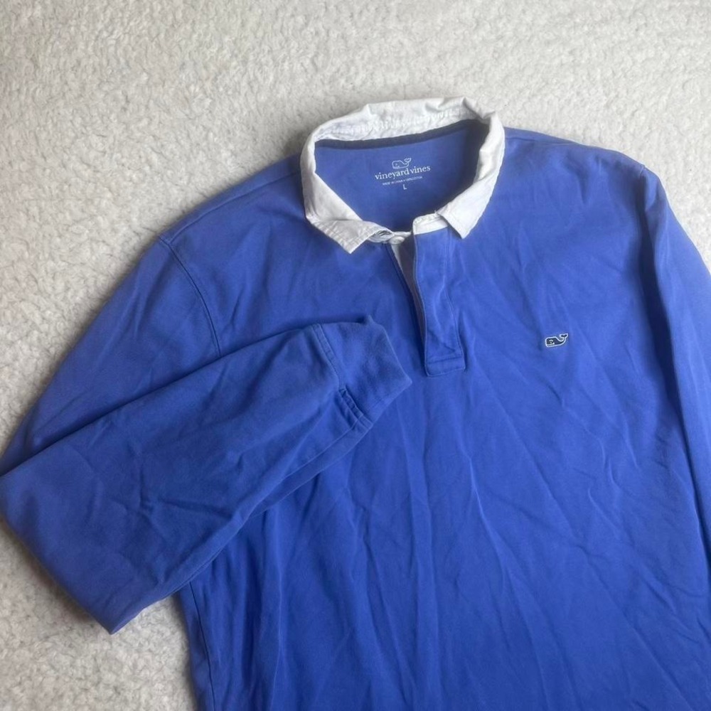 Vineyard vines men's blue white rugby collar long sleeve shirt cotton L